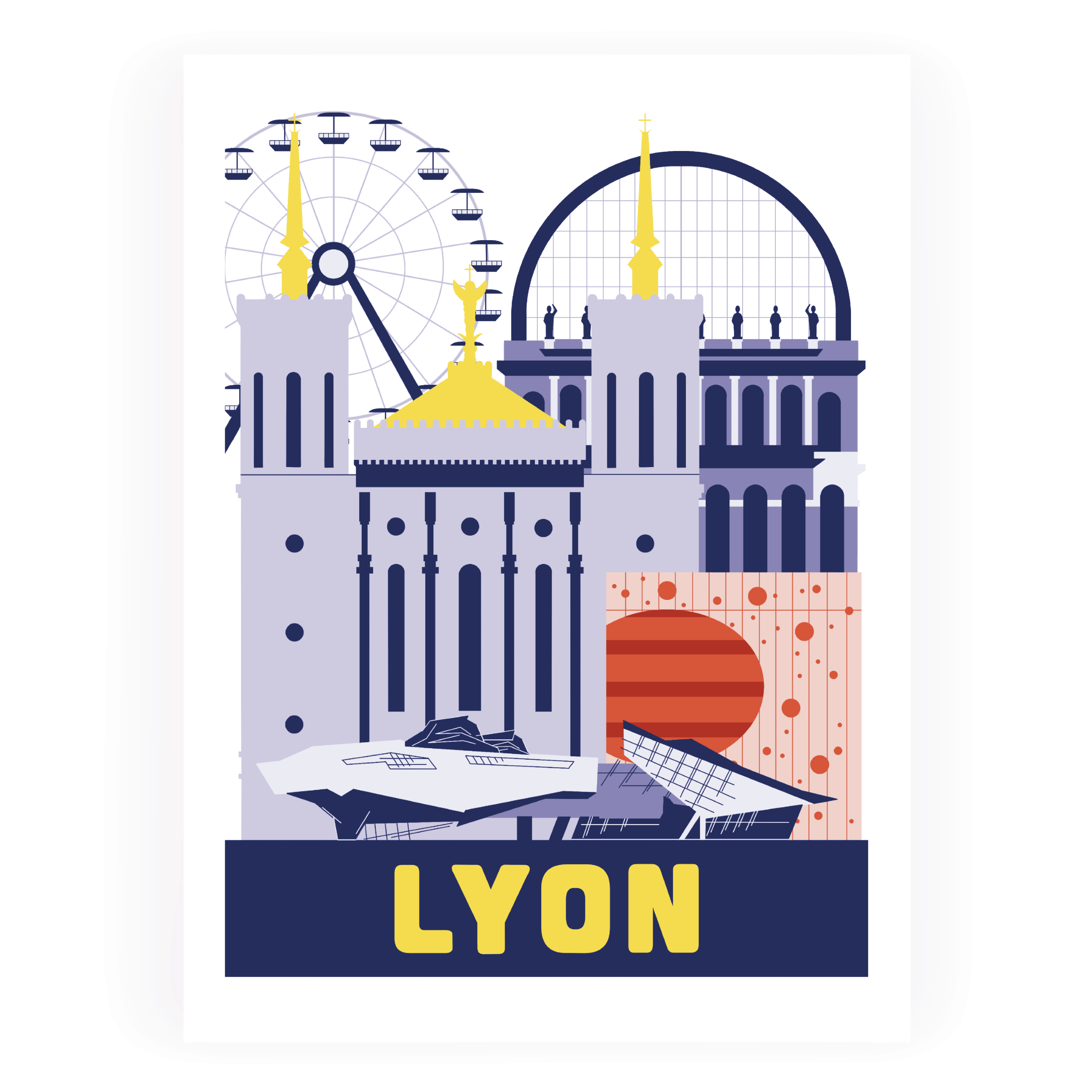 Affiche de lyon, cathédrale saint-jean, monument, ville de lyon, opéra, grande roue