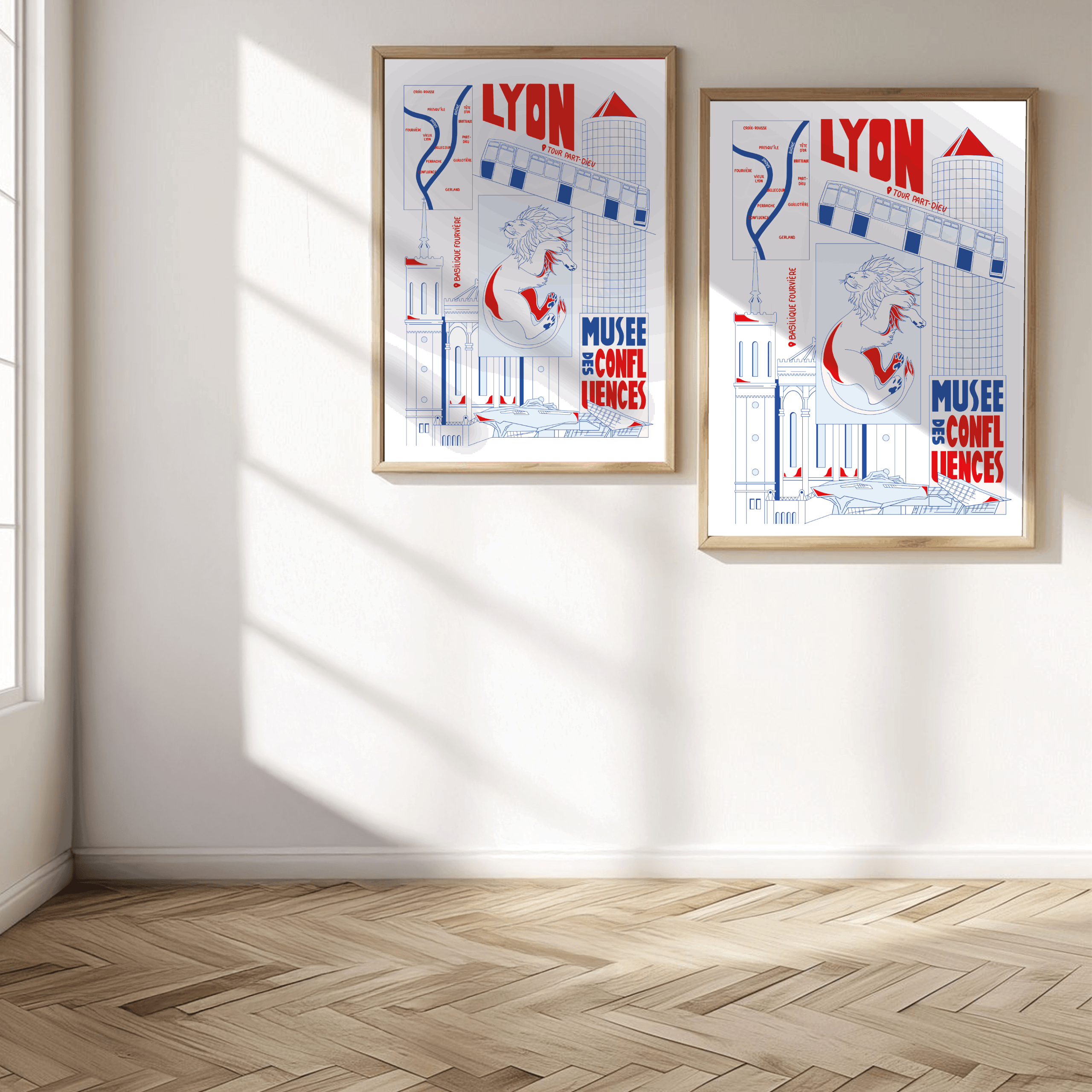 Affiche de lyon, cathédrale saint-jean, monument, ville de lyon, lion, carte, confluence, musée, tour part-dieu