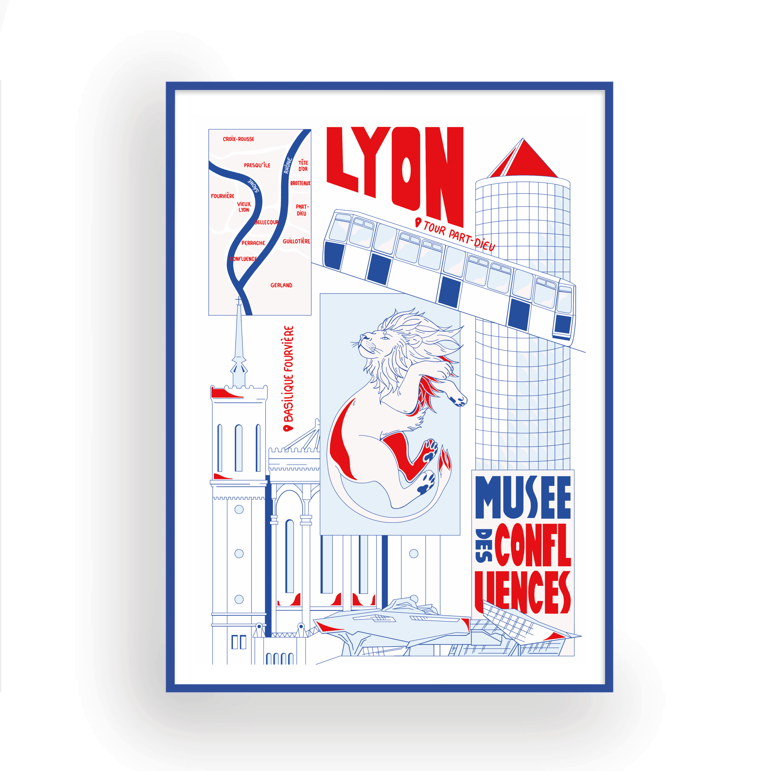 Affiche de lyon, cathédrale saint-jean, monument, ville de lyon, lion, carte, confluence, musée, tour part-dieu