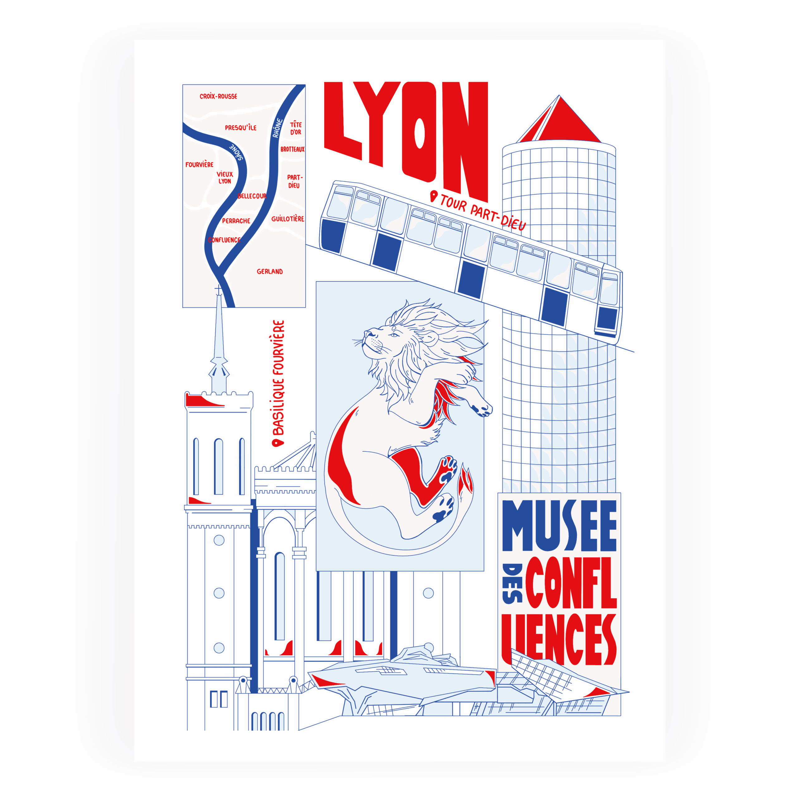 Affiche de lyon, cathédrale saint-jean, monument, ville de lyon, lion, carte, confluence, musée, tour part-dieu